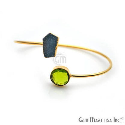 Gemstone With Druzy Gold Edged Adjustable Stacking Bangle Bracelet