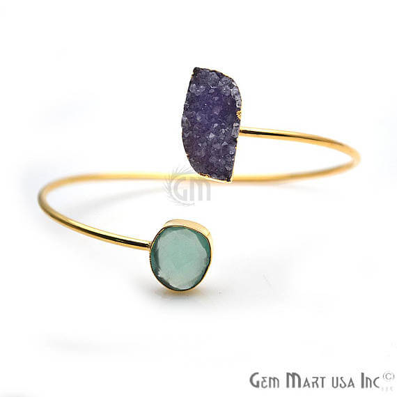 Gold Electroplated Adjustable Gemstone with Druzy Stacking Bangle Bracelet - GemMartUSA