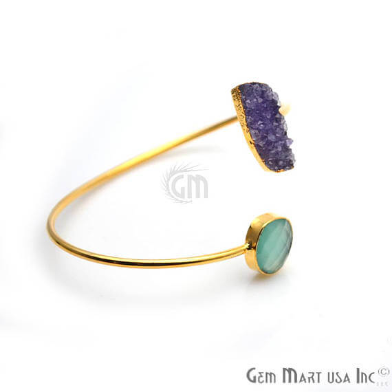 Gold Electroplated Adjustable Gemstone with Druzy Stacking Bangle Bracelet - GemMartUSA