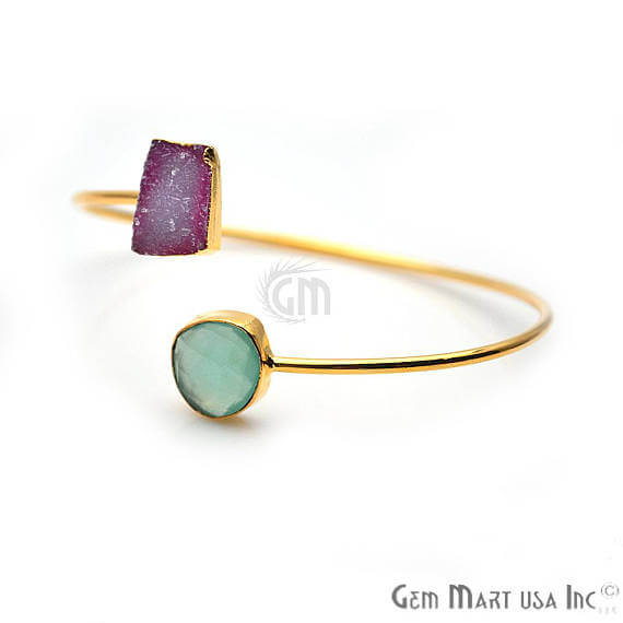 Gold Electroplated Adjustable Gemstone with Druzy Stacking Bangle Bracelet - GemMartUSA