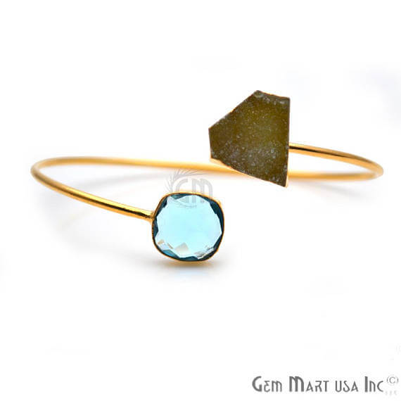 Gold Electroplated Adjustable Gemstone with Druzy Stacking Bangle Bracelet - GemMartUSA