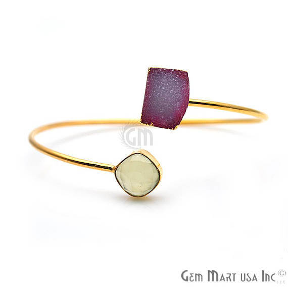 Gold Electroplated Adjustable Gemstone with Druzy Stacking Bangle Bracelet - GemMartUSA