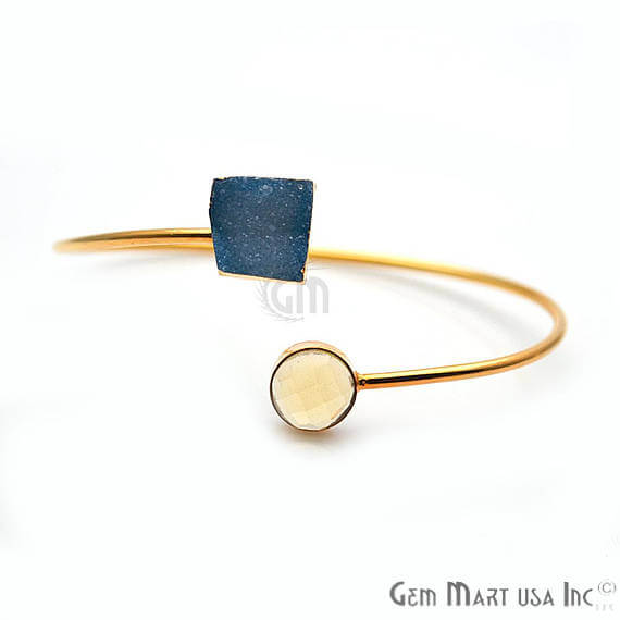 Gold Electroplated Adjustable Gemstone with Druzy Stacking Bangle Bracelet - GemMartUSA