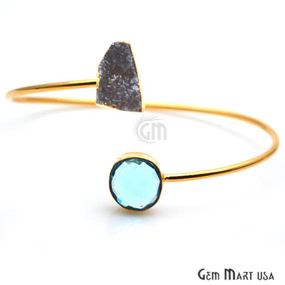 Gemstone With Druzy Gold Edged Adjustable Stacking Bangle Bracelet