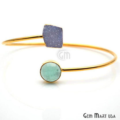 Gemstone With Druzy Gold Edged Adjustable Stacking Bangle Bracelet