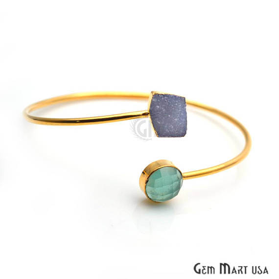 Gold Electroplated Adjustable Gemstone with Druzy Stacking Bangle Bracelet - GemMartUSA