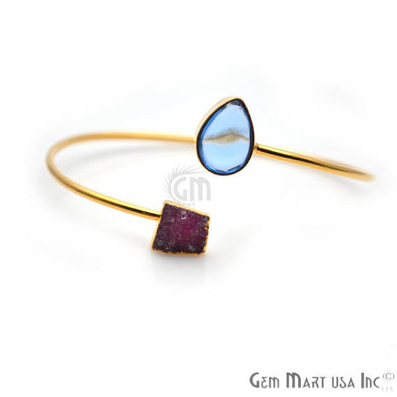 Gold Electroplated Adjustable Gemstone with Druzy Stacking Bangle Bracelet - GemMartUSA