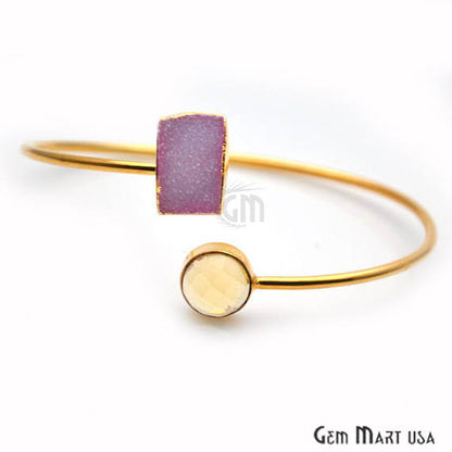 Gold Electroplated Adjustable Gemstone with Druzy Stacking Bangle Bracelet - GemMartUSA