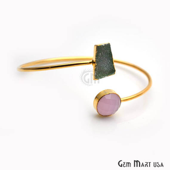 Gold Electroplated Adjustable Gemstone with Druzy Stacking Bangle Bracelet - GemMartUSA