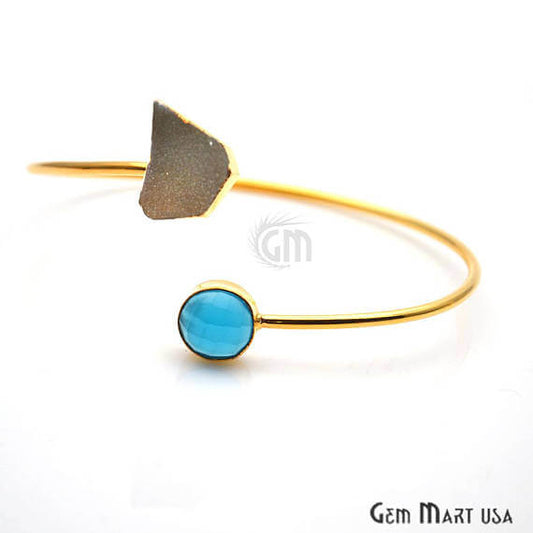 Gold Electroplated Adjustable Gemstone with Druzy Stacking Bangle Bracelet - GemMartUSA