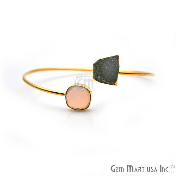 Gold Electroplated Adjustable Gemstone with Druzy Stacking Bangle Bracelet - GemMartUSA