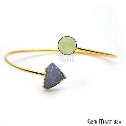 Gemstone With Druzy Gold Edged Adjustable Stacking Bangle Bracelet