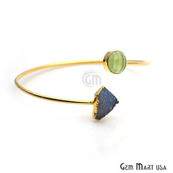 Gold Electroplated Adjustable Gemstone with Druzy Stacking Bangle Bracelet - GemMartUSA