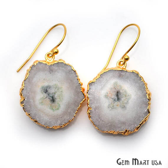 White Solar Druzy Organic Shape Gold Electroplated 28x25mm Dangle Hook Earring - GemMartUSA