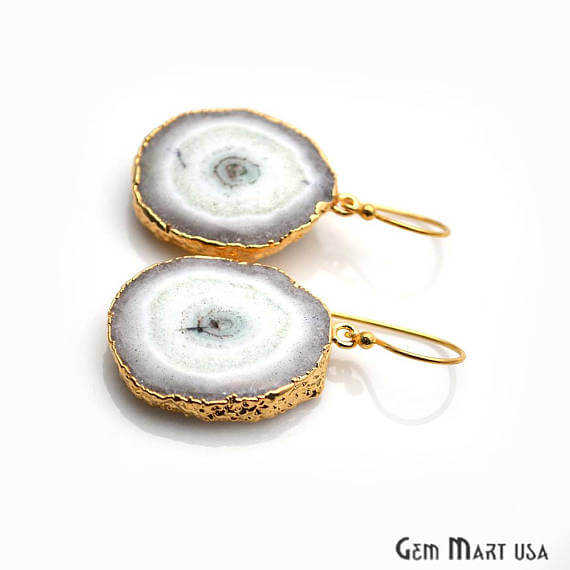 White Solar Druzy Organic Shape Gold Electroplated 33x24mm Dangle Hook Earring - GemMartUSA