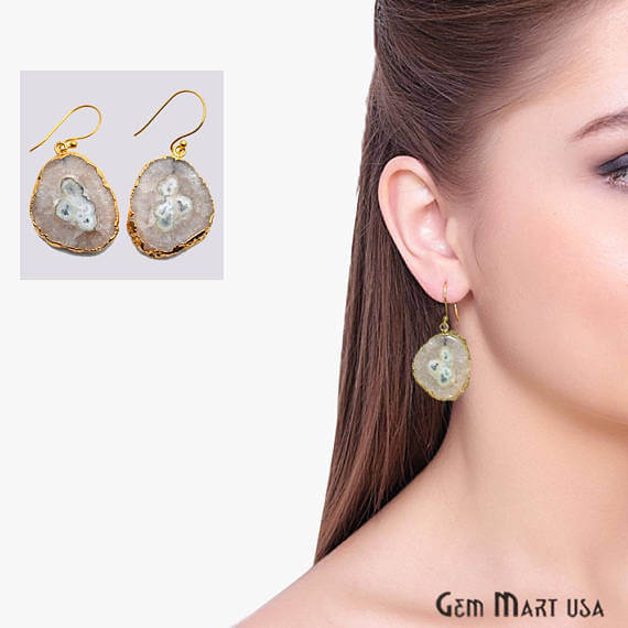 White Solar Druzy Organic Shape Gold Electroplated 32x24mm Dangle Hook Earring - GemMartUSA