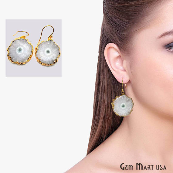 White Solar Druzy Organic Shape Gold Electroplated 30x25mm Dangle Hook Earring - GemMartUSA