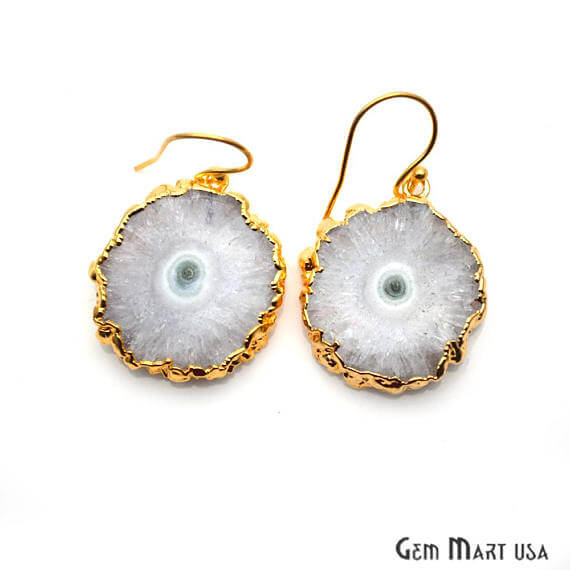 White Solar Druzy Organic Shape Gold Electroplated 30x25mm Dangle Hook Earring - GemMartUSA