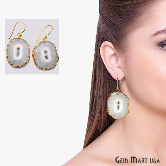 White Solar Druzy Organic Shape Gold Electroplated 32x25mm Dangle Hook Earring - GemMartUSA