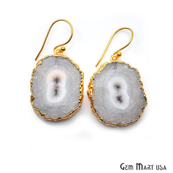 White Solar Druzy Organic Shape Gold Electroplated 32x25mm Dangle Hook Earring - GemMartUSA