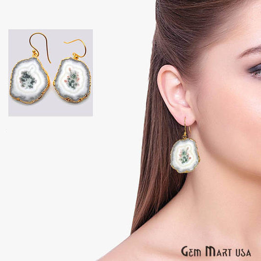 White Solar Druzy Organic Shape Gold Electroplated 34x26mm Dangle Hook Earring - GemMartUSA