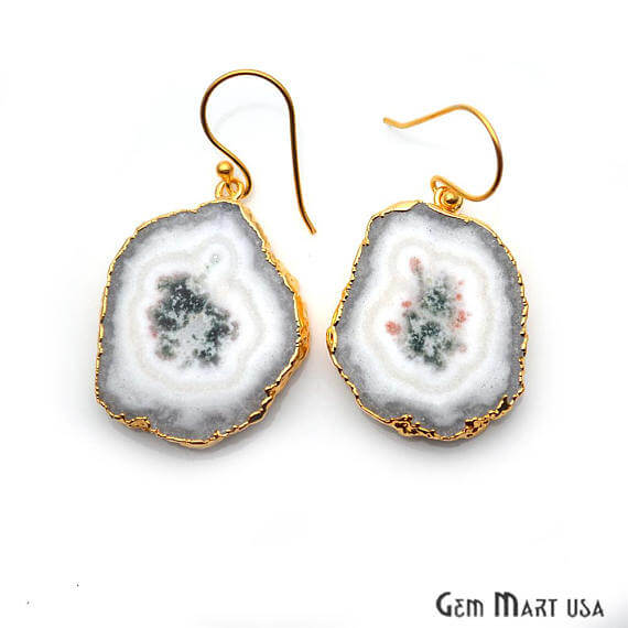 White Solar Druzy Organic Shape Gold Electroplated 34x26mm Dangle Hook Earring - GemMartUSA