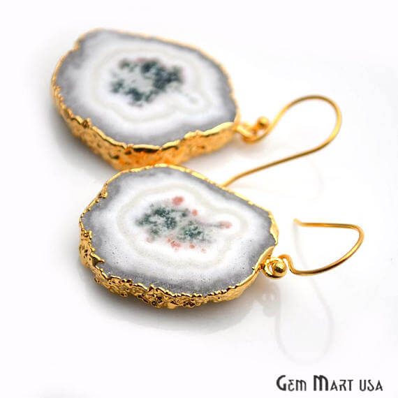 White Solar Druzy Organic Shape Gold Electroplated 34x26mm Dangle Hook Earring - GemMartUSA