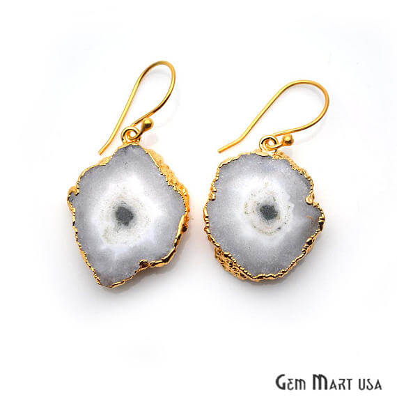 White Solar Druzy Organic Shape Gold Electroplated 22x27mm Dangle Hook Earring - GemMartUSA