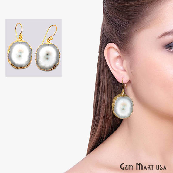 White Solar Druzy Organic Shape Gold Electroplated 29x22mm Dangle Hook Earring - GemMartUSA