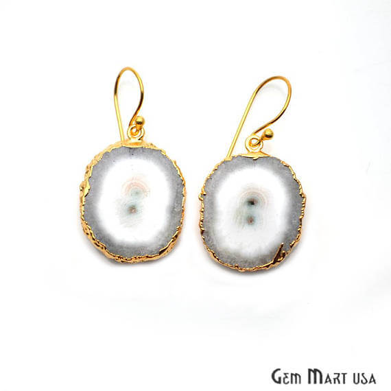 White Solar Druzy Organic Shape Gold Electroplated 29x22mm Dangle Hook Earring - GemMartUSA