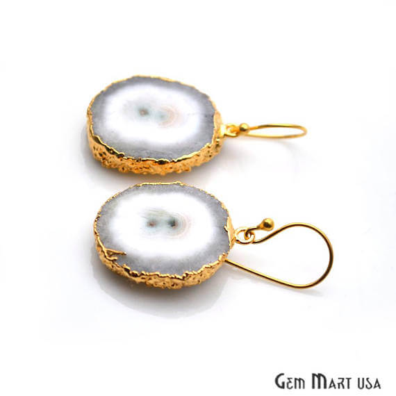 White Solar Druzy Organic Shape Gold Electroplated 29x22mm Dangle Hook Earring - GemMartUSA