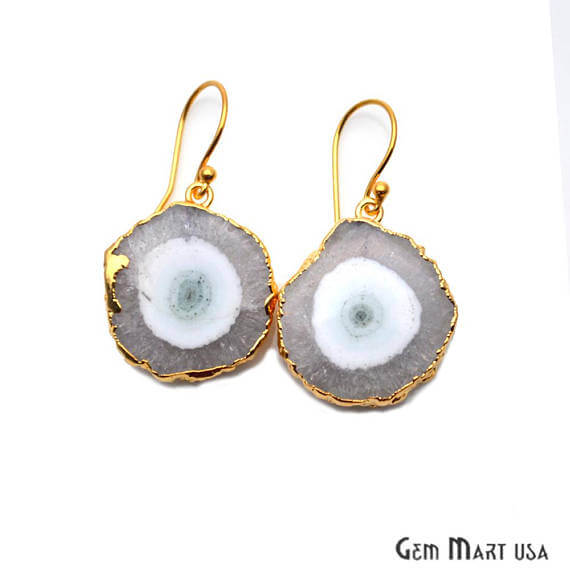 White Solar Druzy Organic Shape Gold Electroplated 24x28mm Dangle Hook Earring - GemMartUSA