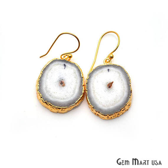 White Solar Druzy Organic Shape Gold Electroplated 30x23mm Dangle Hook Earring - GemMartUSA