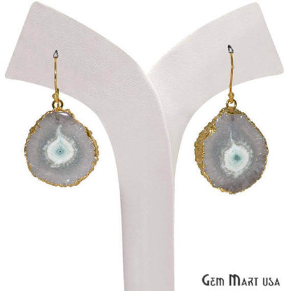 White Solar Druzy Organic Shape Gold Electroplated 25x32mm Dangle Hook Earring - GemMartUSA