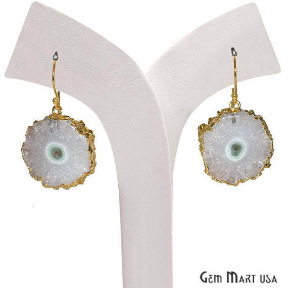 White Solar Druzy Organic Shape Gold Electroplated 29x25mm Dangle Hook Earring - GemMartUSA