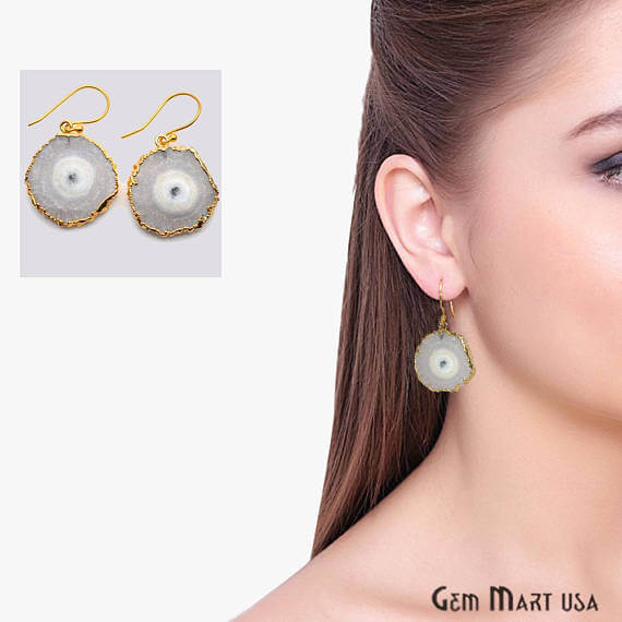 White Solar Druzy Organic Shape Gold Electroplated 25x29mm Dangle Hook Earring - GemMartUSA