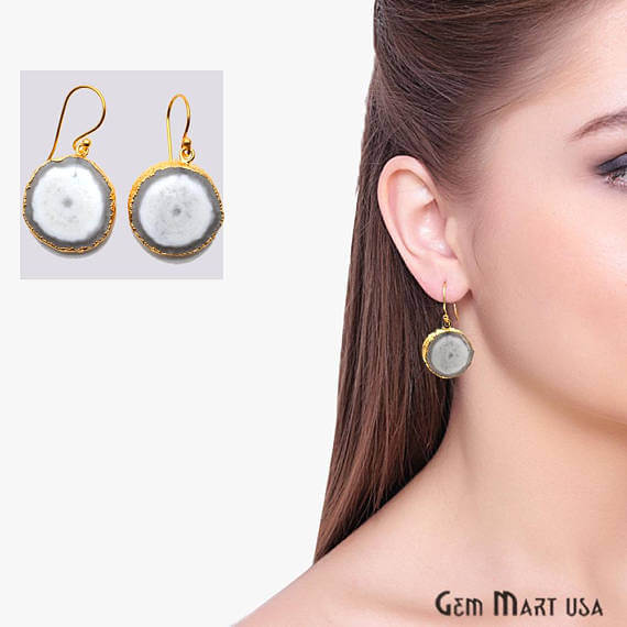 White Solar Druzy Organic Shape Gold Electroplated 22x26mm Dangle Hook Earring (DZER-12804) - GemMartUSA