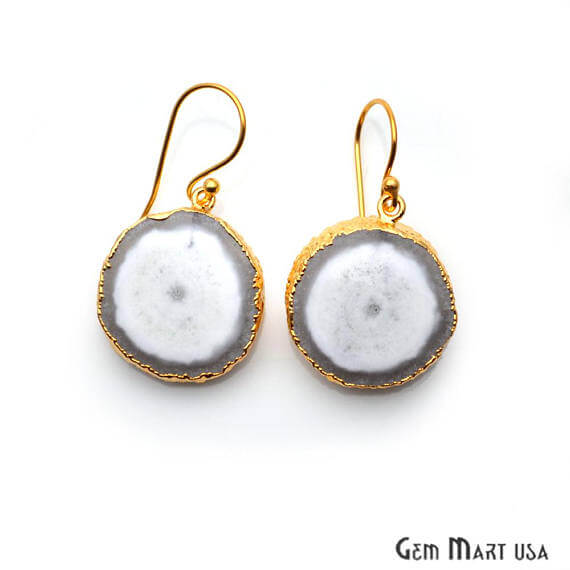 White Solar Druzy Organic Shape Gold Electroplated 22x26mm Dangle Hook Earring (DZER-12804) - GemMartUSA