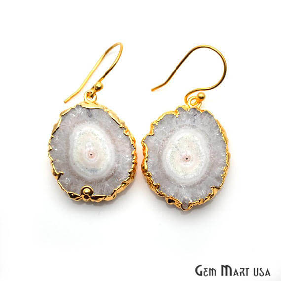 White Solar Druzy Organic Shape Gold Electroplated 29x23mm Dangle Hook Earring - GemMartUSA