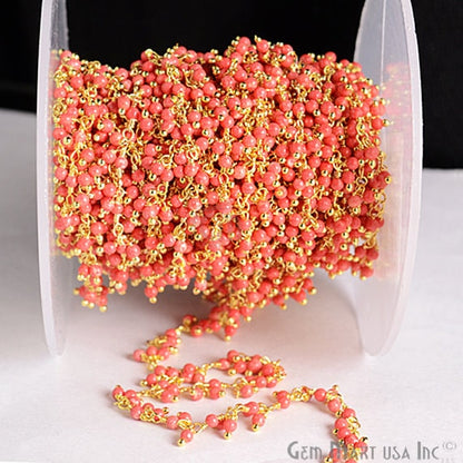 Red Coral Cluster Dangle Beads Gold Wire Wrapped Cluster Rosary Chain - GemmartUSA (764162244655)