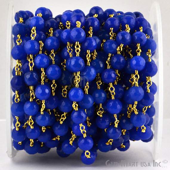 Blue Jade 8mm Beads Gold Plated Wire Wrapped Rosary Chain - GemMartUSA (762910638127)