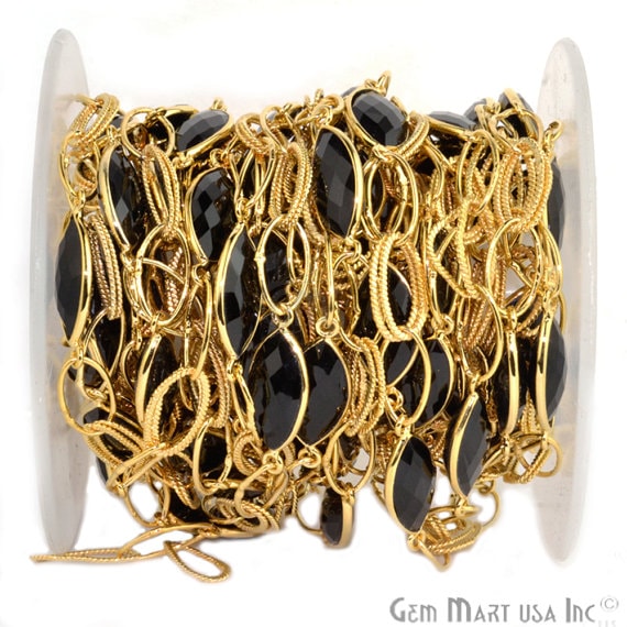 Black Onyx 10x20mm Marquise Shape Gold Plated Bezel Connector Chain - GemMartUSA