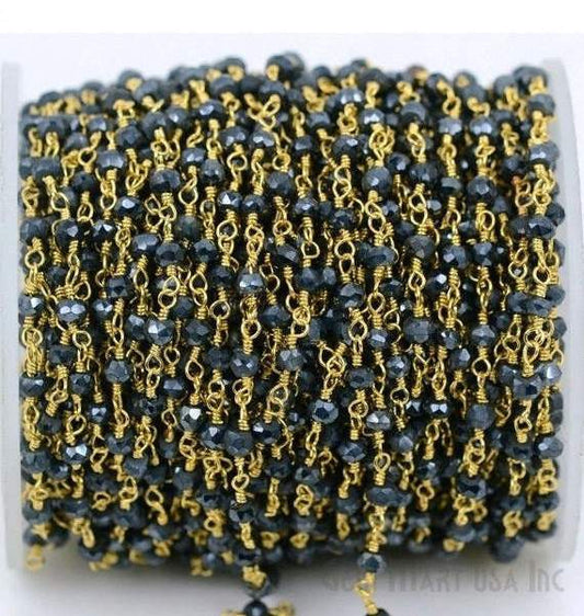 Black Pyrite Gold Plated Beaded Wire Wrapped Rosary Chain - GemmartUSA (762917126191)