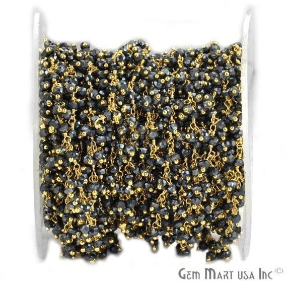Black Pyrite Faceted Beads Gold Wire Wrapped Cluster Dangle Rosary Chain - GemmartUSA (764162572335)