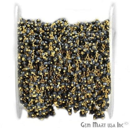 Black Pyrite Faceted Beads Gold Wire Wrapped Cluster Dangle Rosary Chain - GemmartUSA (764162572335)