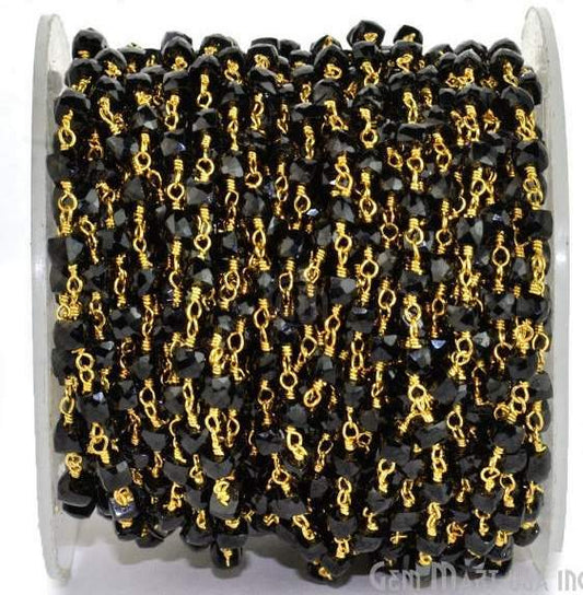 Black Spinel 3mm Gold Plated Wire Wrapped Beads Rosary Chain (762922926127)