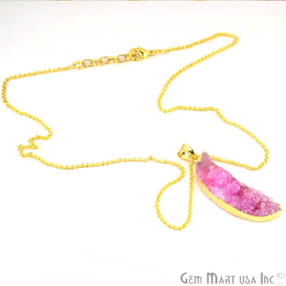 One Of A Kind Pink Rough Druzy 12X48mm Gold Electroplated 18 Inch Chain With Pendant - GemMartUSA