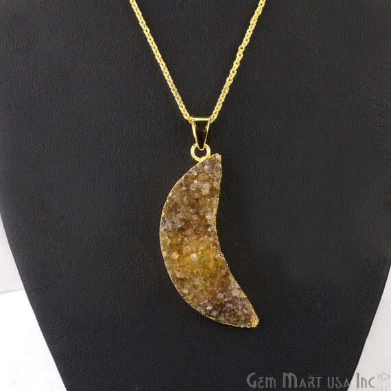 One Of A Kind Brown Rough Druzy 47x15mm Gold Electroplated 18 Inch Chain With Pendant - GemMartUSA