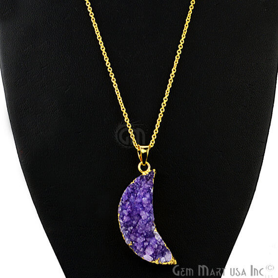 One Of A Kind Blue Rough Druzy 42x14mm Gold Electroplated 18 Inch Chain With Pendant - GemMartUSA