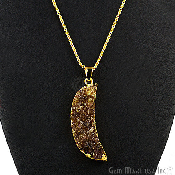 One Of A Kind Brown Rough Druzy 47x13mm Gold Electroplated 18 Inch Chain With Pendant - GemMartUSA